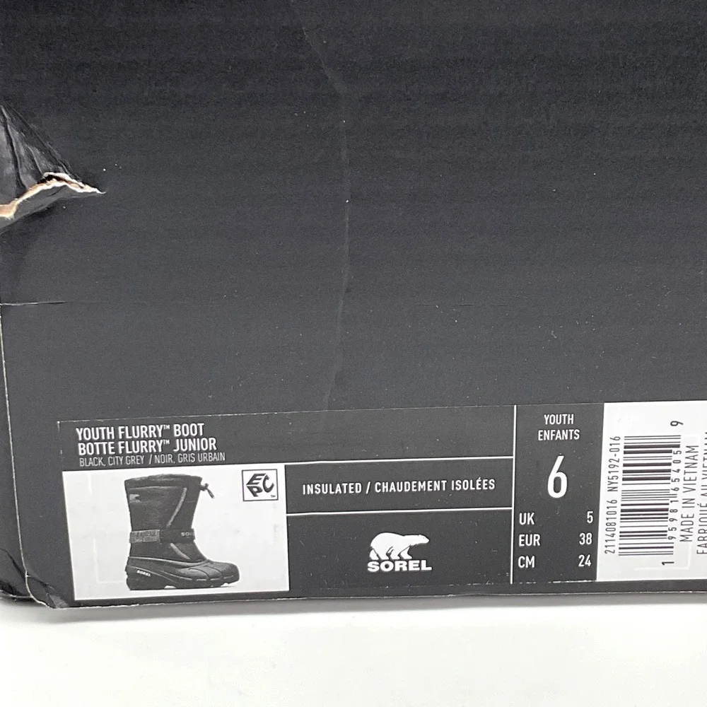 Sorel Youth Flurry Black City Grey Insulated Winter Snow Boots NY5192-016 Size 6